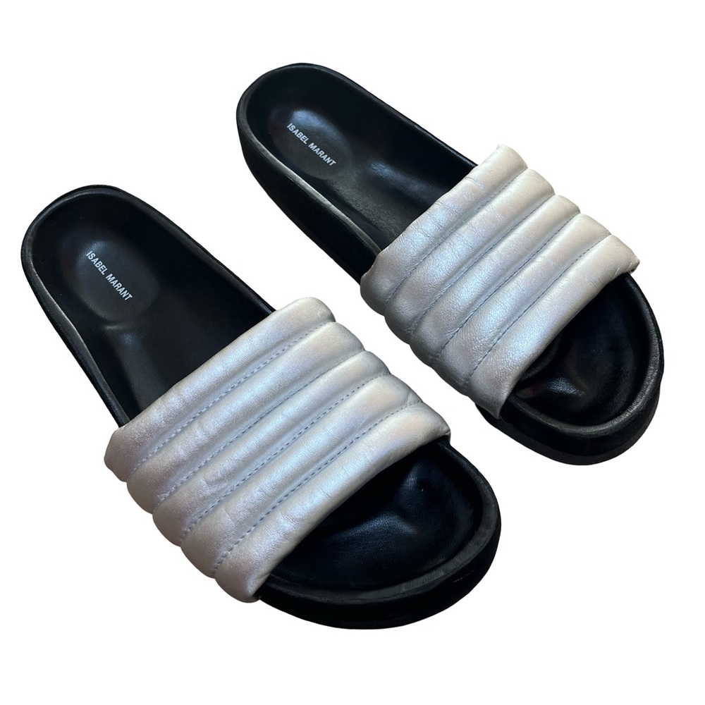 Isabel Marant Helea Silver Slides Sz 39/ 8.5 Leather Upper and Suede Siding - Picture 2 of 9